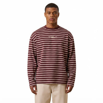 Maroon & Cream Striped Long-Sleeve Crewneck Tee