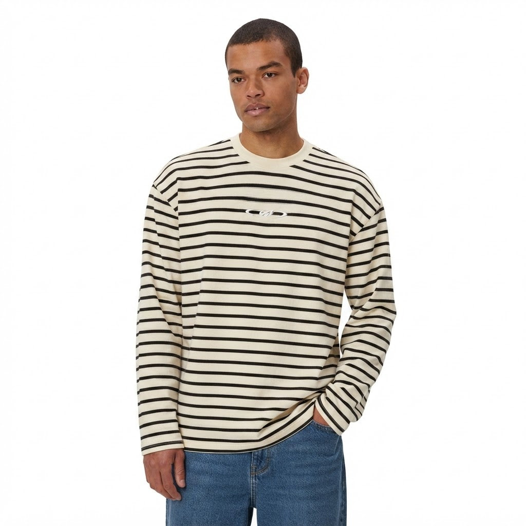 Maroon & Cream Striped Long-Sleeve Crewneck Tee